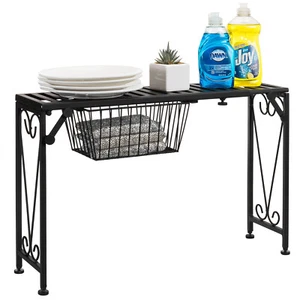 Black Metal Expandable Over-The-Sink Storage Shelf Rack w/Pull-Out Drawer - Picture 1 of 9