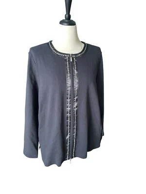 Quacker Factory Black Embellished Zip-Front Cardigan Jacket XL 100% Cotton Long - Image 1 of 4