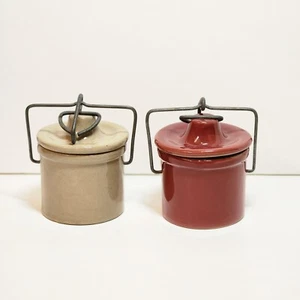 2 Small Vintage Crocks With Latch Down Lids Rustic 4" Pots Bailing Handles - Picture 1 of 9