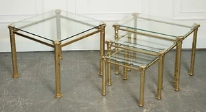 SET OF 1970'S HOLLYWOOD REGENCY GOLDEN BRASS GLASS NEST OF TABLES SIDE TABLE  J1 - Picture 1 of 20