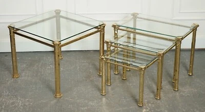 SET OF 1970'S HOLLYWOOD REGENCY GOLDEN BRASS GLASS NEST OF TABLES SIDE TABLE  J1 - Image 1 of 4