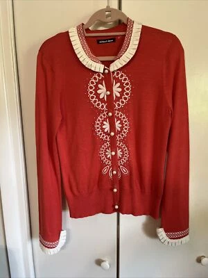 Cárdigan Michael Simon Art Suéter Borde con Volantes Coral y Crema Nuevo 34" Busto Pequeño? Foto 1 de 4