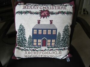 Merry Christmas Sampler Tapestry Pillow with Alphabet, Home and Trees