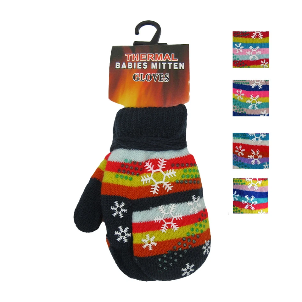 Baby Christmas Snowflake Thermal Mittens Stripe Mit String Fleece Lined NB 24M - Image 1 of 1