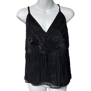 Canotta vintage Y2K nera seta stropicciata babydoll Cami Boxy Impero L strato trasparente - Foto 1 di 5