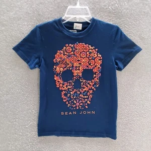 Sean John Boys T-Shirt Large Navy Logo Pop Up 3D Skull Short Sleeve Crew Neck - Picture 1 of 9