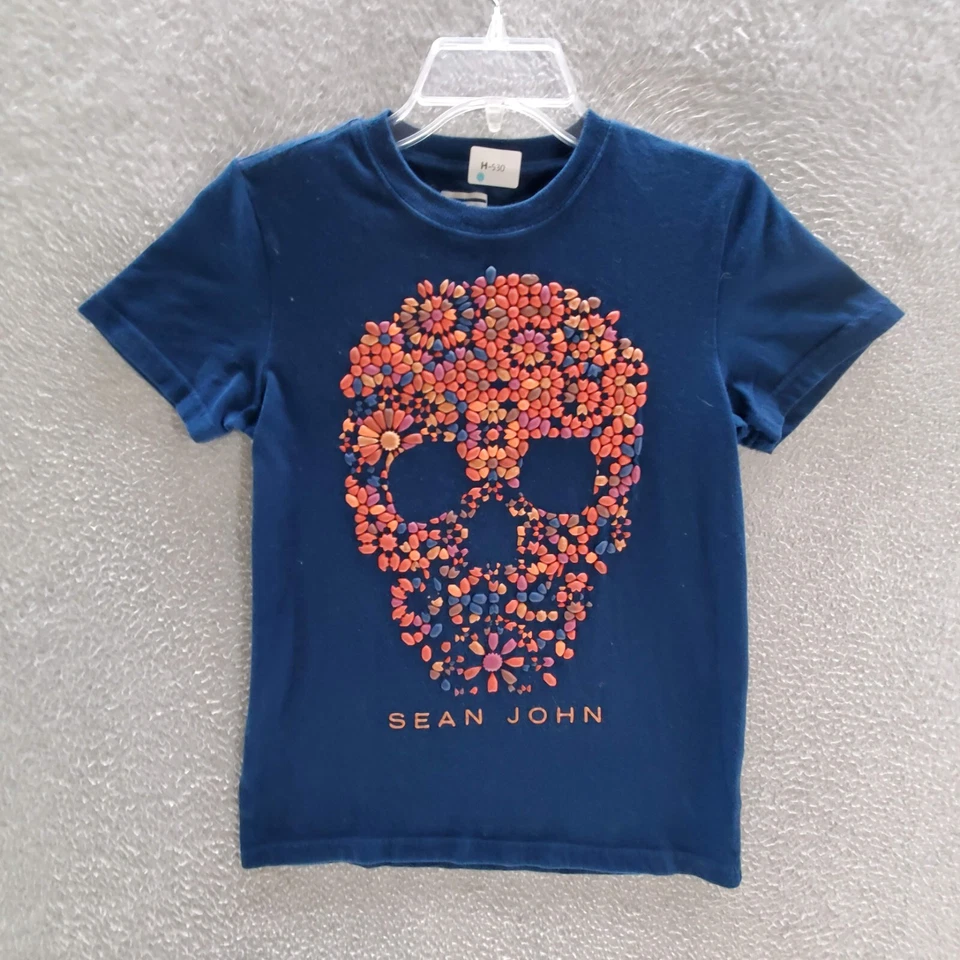 Sean John Boys T-Shirt Large Navy Logo Pop Up 3D Skull Short Sleeve Crew Neck - Image 1 of 4