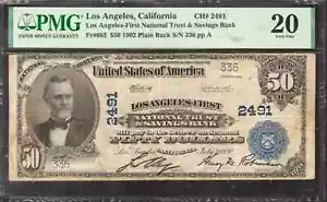 1902 $50 LOS ANGELES FIRST NATIONAL BANKNOTE CURRENCY CALIFORNIA PMG VF 20 - Picture 1 of 2