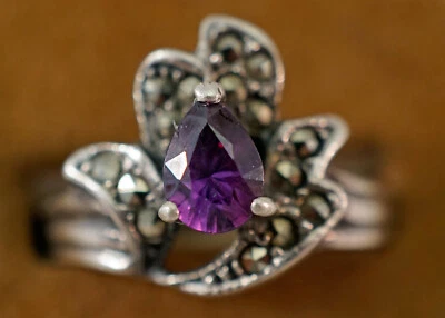 Pear Shaped Amethyst Solitaire with Marcasites Set in Sterling Silver Size 9.25 - Image 1 of 4