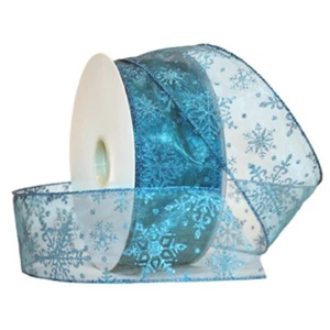 Turquoise Sparkle Snowflake Sheer Turquoise Wide Wired Ribbon 50 Yards NEW bow - Picture 1 of 1