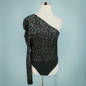 AllSaints Size 10 Daphne Animal Print Metallic One Shoulder Long Sleeve Bodysuit - Picture 1 of 6