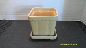 Vintage Shawnee Pottery 4" Square Ribbed Planter Flower Pot w/Attached Saucer - Picture 1 of 3