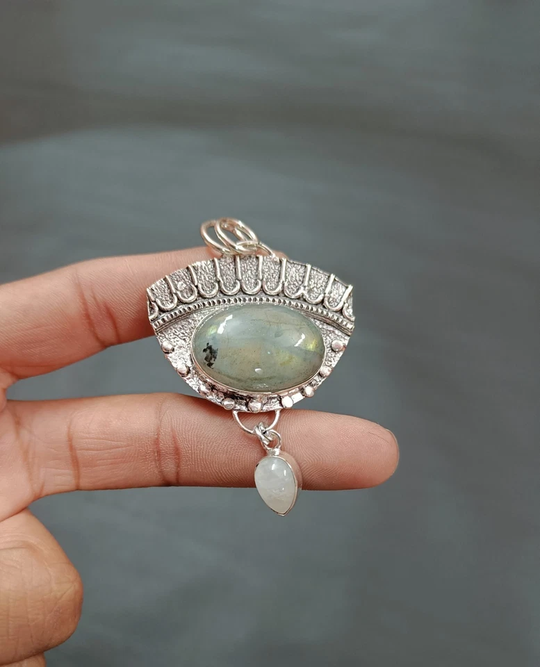 Handmade Labradorite and Moonstone Pendant Sterling Silver Pendant Gift for Her - Image 1 of 4