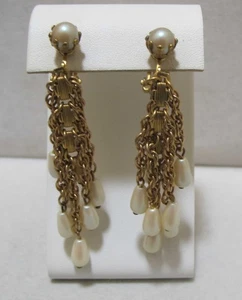 Staggered Length Dangling Teardrop Faux Pearls Gold Chains 3” Long Clip Earrings - Picture 1 of 11
