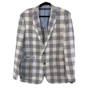 Enzo Tovare 100% Linen Men’s Blazer 44L White Blue Windowpane Sport Coat Jacket - Picture 1 of 11