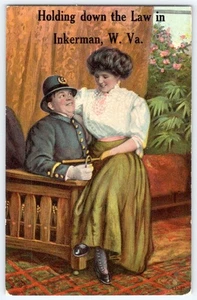 1912 TENENDO GIÙ la LEGGE IN INKERMAN WV WEST VIRGINIA POLIZIOTTO FUMETTO CARTOLINA - Foto 1 di 2