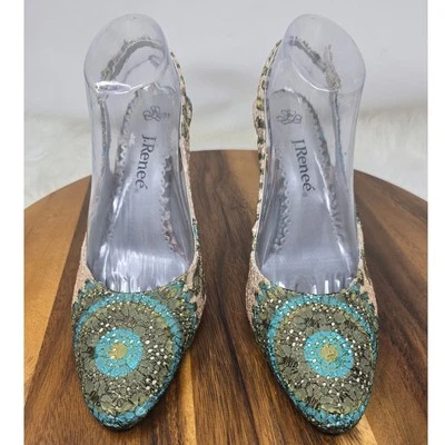 J. Renee' Stunning Gorgeous Camelia Fabric Turquoise Brown Tan 4" Heels 10M - Imagem 1 de 4