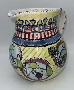 Pottery Pitcher Signed Janet Herbert Fishing Snow Cat Dog Ski - Picture 1 of 17