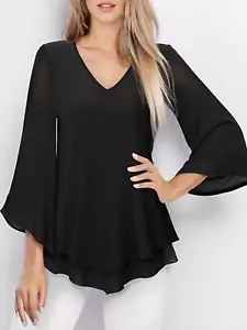 Womens Dressy Blouse Double Layers Mesh Shirt Ruffle 3/4 Flared Sleeve Tunic Top - Picture 1 of 14