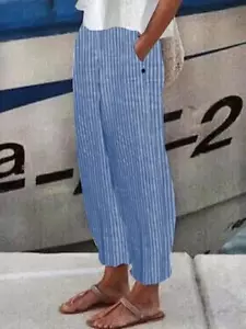 Women Blue Stripe Printed Double Pocket Loose Pants Casual Comfort Clothing New - Picture 1 of 4