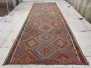 Vintage handgewebt gedeckte Farbe Oushak Kelim Teppich Läufer breit, 4 Fuß 12 Zoll x 14 Fuß 11 Zoll - Bild 1 von 12