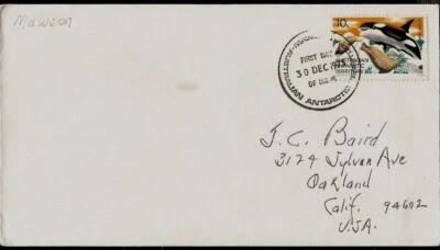 Australia Territorio Antártico Ballenas Asesinas Sello Base Mawson a EE. UU. Cubierta FDC Foto 1 de 2