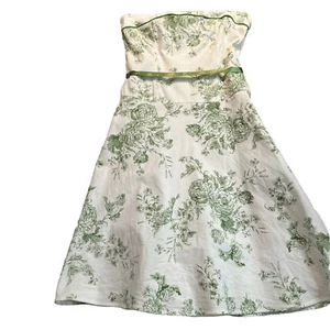Teeze Me Strapless Dress Size 9 Ivory Green Floral Tie Waist Toille Dress - Picture 1 of 12