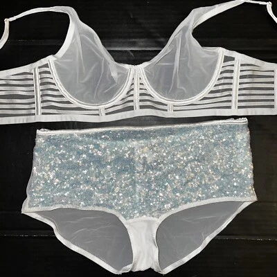 Victoria's Secret unlined 34D BRA SET M panty WHITE strappy mesh blue sequined - Image 1 of 3