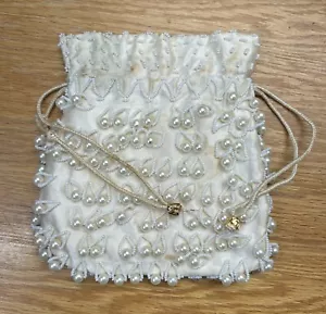 Vintage Flapper Style Purse Hong Kong Beaded Faux Pearls Lined Cinches Pockets - Picture 1 of 19
