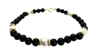 14K Yellow Gold Black Onyx Pearl Bracelet 7 Inch - Picture 1 of 4