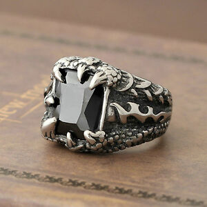 Men's Silver Dragon Claw Black Cubic Zirconia CZ 316L Stainless Steel Biker Ring