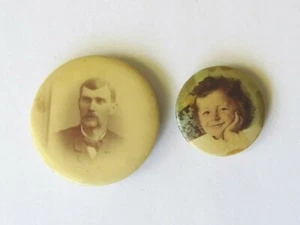 2 ANTIQUE PHOTO IMAGE SWEETHEART  BUTTON PINS 1 SMILING GIRL , YOUNGER MAN - Picture 1 of 5