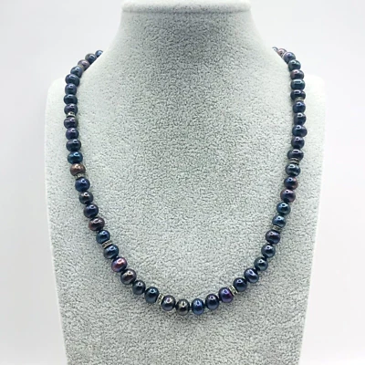 Collar de perlas azules negras de 7,5 mm con cuentas de diamantes de imitación broche de plata de 18" .925 Foto 1 de 4