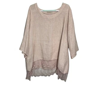 Stella Martini Women’s Size 1X Blush Pink Linen Tunic Top Lace Hem Scoop Neck - Picture 1 of 8
