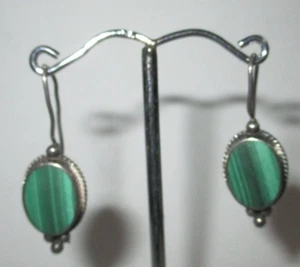 Bocco Pierced Oval Dangle Malachite Sterling Silver 925 Earrings - Picture 1 of 1