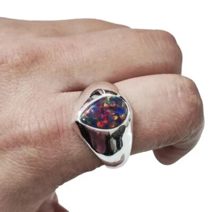 NATURAL BLACK OPAL GEMSTONE 925 STERLING SILVER CHRISTMAS UNISEX SIGNET RING - Picture 1 of 8