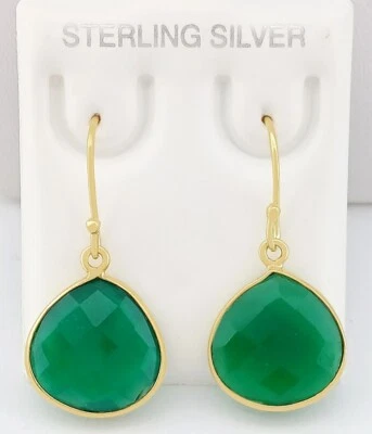 GENUINE 16.88 Cts GREEN ONYX DANGLE EARRINGS .925 SILVER (Yellow)- New With Tag - Image 1 of 4