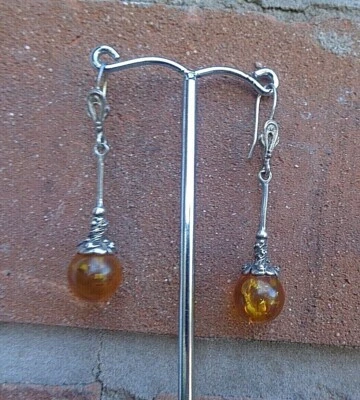 Attraente Argento Sterling E Ambra Orecchini Pendenti Moderni Stile - Ami - Immagine 1 di 4