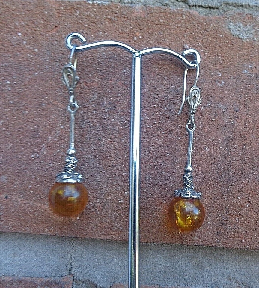 Attraente Argento Sterling E Ambra Orecchini Pendenti Moderni Stile - Ami - Immagine 1 di 4