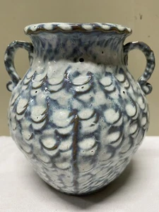 Vtg Hand Turned Italian Honeycomb MCM Hand Painted Blue & Cream Glaze Urn Vase - Picture 1 of 12