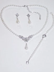 3PC set Necklace Earrings ,Bracelet Silver ,White Pearl Bridal Set  /15789 - Picture 1 of 8