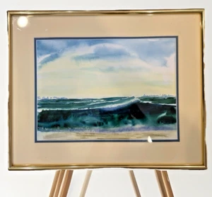 Signed Watercolor Seascape Ocean Waves Painting Coastal Shore Art VTG 16x20 Gold - Picture 1 of 7