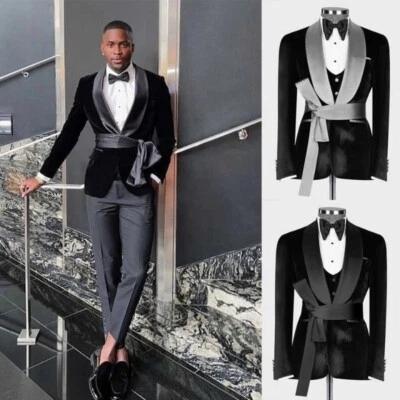 Chaqueta de terciopelo negra para hombre con cinturón chal solapa abrigo chaleco pantalón trajes de ajuste regular Foto 1 de 4
