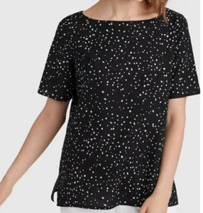 Top Eileen Fisher cotone biologico stampato a pois taglia XL nero bianco SS camicia nuovo senza etichette - Foto 1 di 12