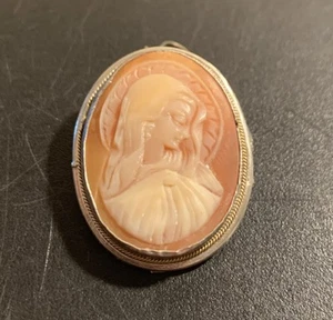 Art Deco Madonna Mother Mary Cameo Brooch Pin Pendant 800 Silver Carved Shell - Picture 1 of 5