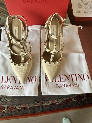 Valentino Rockstuds Leather Ivory Rock-stud Heels Slingback Pumps EU Sz 38 US 8 - Image 1 of 4