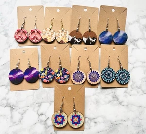 Wholesale Lot 9 Pairs Round Earrings Digitally Printed Boutique Carded Assorted - Picture 1 of 6