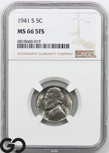 1941-S Jefferson Nickel, 5 Full Steps, NGC MS-66 5FS - Picture 1 of 3