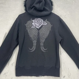 SoCal faux fur hoodie Roses Wings black women’s Jacket Grunge Y2K Style - Picture 1 of 20