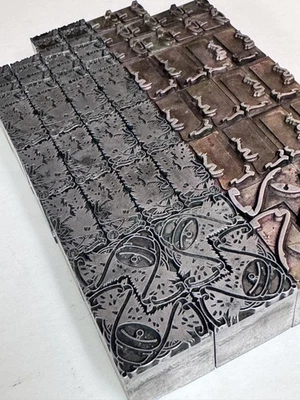 Lot VTG Metal Letterpress Printing Blocks Christmas Bells, Holly, Ribbon - Image 1 of 4